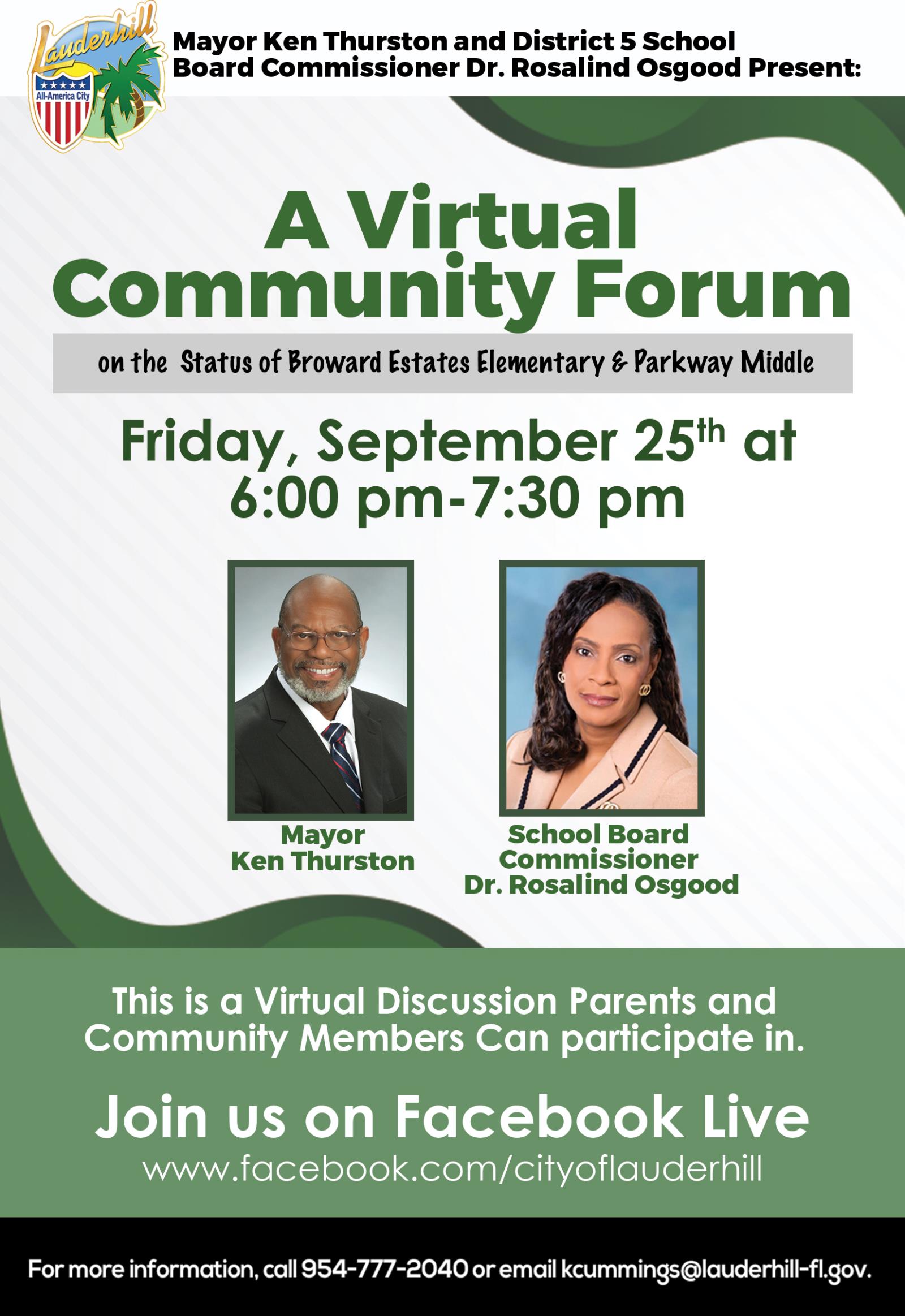 Virtual Community Forum - Status of Broward Estates & Parkway Middle - Flyer - 9-25-20