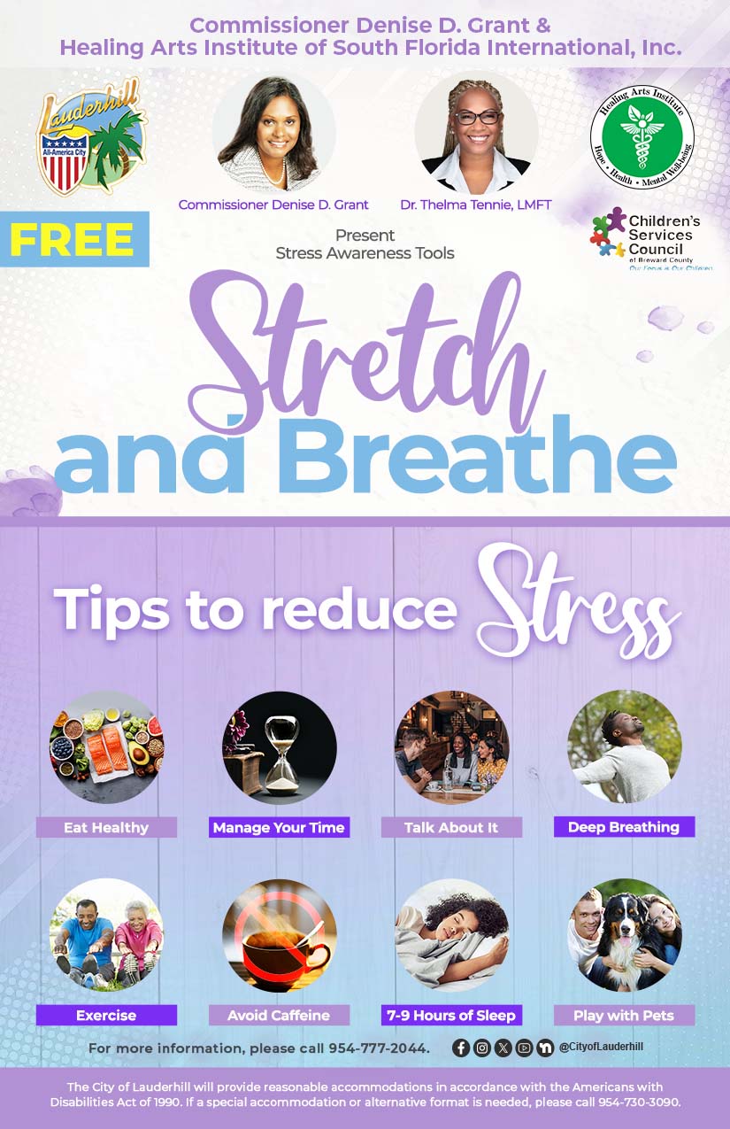 Tips to Reduce Your Stress: Eat Healthy, Manage Your Time, Talk About it, Deep Breathing, Exercise, Avoid Caffeine, 7-9 Hours Sleep, Play with Pets